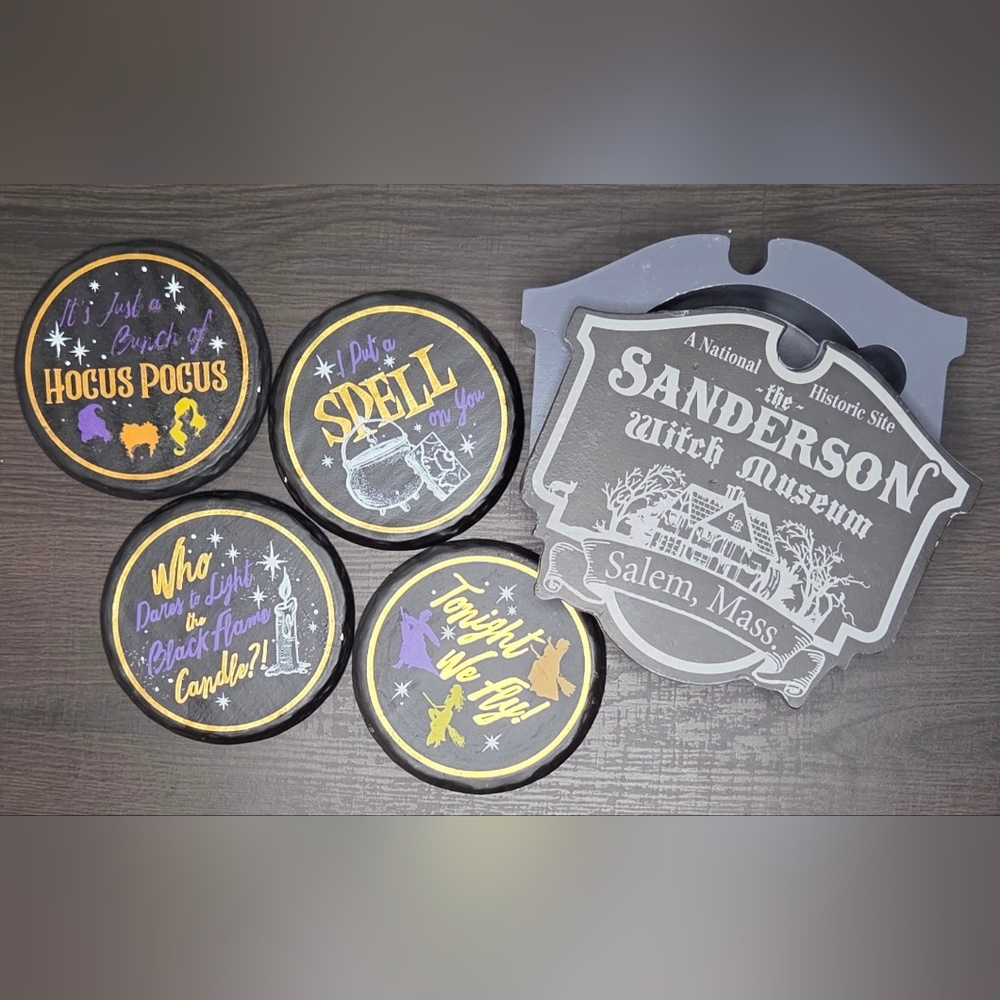 Salem Witch Museum Hocus Pocus Coaster Set w/ Holder Halloween Decor Gift 4 Pc